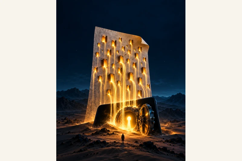 AI-generated illustration, not a documentary photo: a colossal glowing sheet of paper stands in a dark desert, its doorways pouring rivers of gold light into a giant phone whose screen is an open vault door, with one tiny distant silhouette. Visual metaphor for one AI-written guide a day feeding a private encrypted vault app. No real person, product or event is depicted.