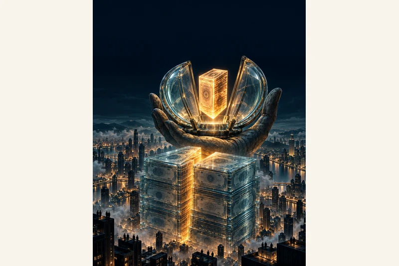 AI-generated illustration, not a documentary photo: a colossal translucent monolith of stacked glass share certificates over a dark city, with a glowing 5% slice floating inside a giant public vault held by a stone hand.