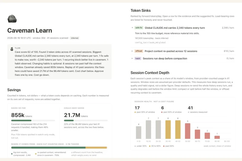Project-supplied Caveman Learn screenshot with token-usage cards and a session-depth chart; these are product example figures, not Naze Code's test results.