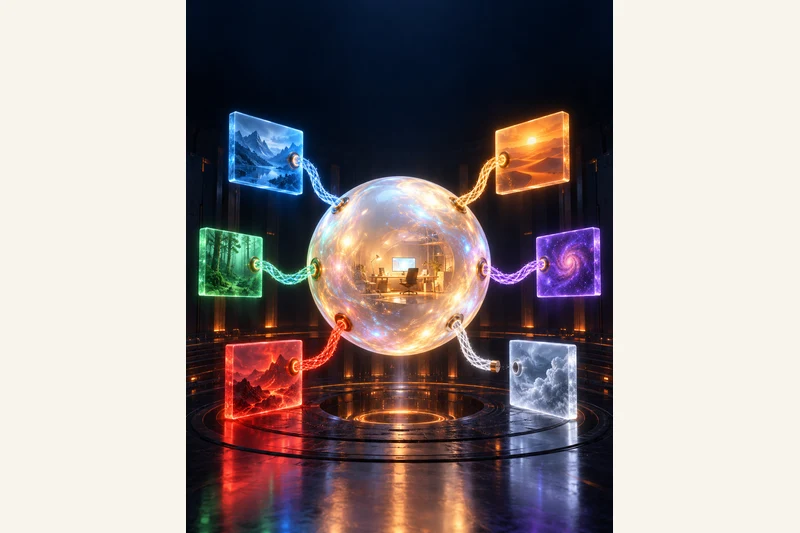 AI-generated illustration, not a documentary screenshot: a giant luminous orb containing a tiny office desk floats in a dark control room, with six glowing cables plugged into floating panels and one cable cut. A metaphor for OpenAI's dots - an always-on agent on its own cloud computer, with app connections and permission limits. No real person, product or event is depicted.