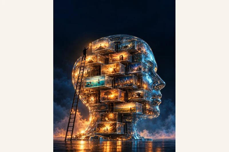 AI-generated illustration, not a documentary image: a colossal translucent glass filing cabinet shaped like a human head, its drawers open at different depths and each holding a tiny glowing scene, while a small silhouetted figure on a ladder reaches a key toward one high drawer. A metaphor for the personal details ChatGPT can store and the difficulty of finding all of them. No real person, product interface or event is depicted.