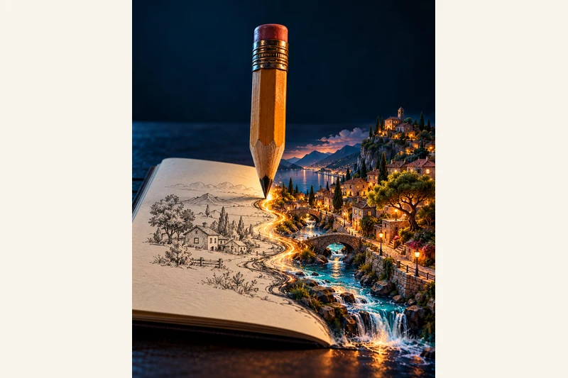 AI-generated illustration, not a documentary screenshot: a giant wooden pencil stands on a dark table and its river of ink turns a flat pencil sketch on the left into a fully-rendered miniature 3D town on the right, a metaphor for ChatGPT's Sketch feature turning a rough drawing into a finished image. No real person, product or event is depicted.