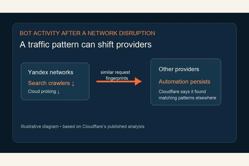 Auratro's explanatory diagram shows falling activity at Yandex networks and similar request fingerprints at other providers; it is not a measured traffic chart.