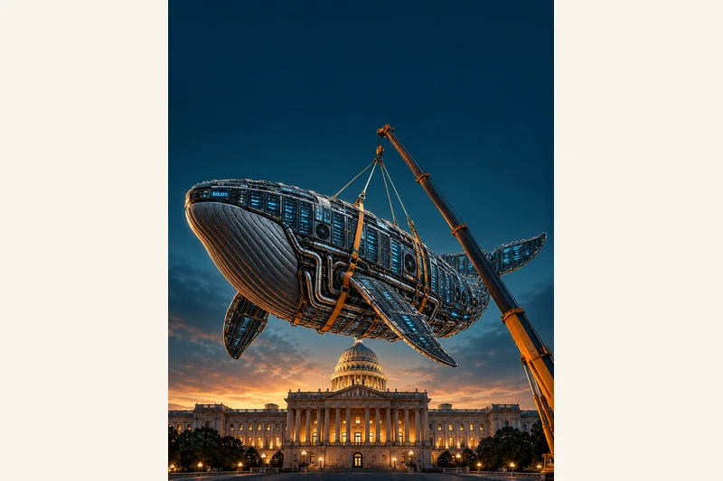 AI-generated illustration, not a documentary image: a colossal whale built from server racks is lifted by a crane away from a neoclassical government building at dusk, with blue data light glowing between the racks. It illustrates the removal of DeepSeek-based technology from US federal civilian agency systems; it is not a photograph of the order, the agency or the company.