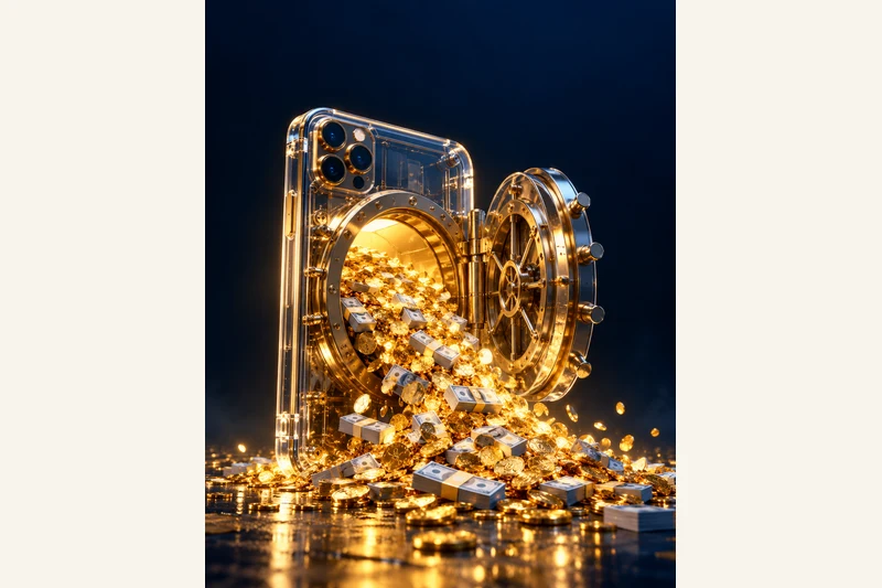 AI-generated illustration, not a documentary photo: a glass iPhone standing upright opens like a bank-vault door and pours a waterfall of golden coins onto a dark floor. Used as a visual metaphor for an encrypted photo-storage app reported to earn about $2,000 a day. No real person, product or event is depicted.