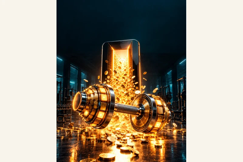 AI-generated illustration, not a documentary photo: a colossal upright phone stands in a dark gym and pours a waterfall of golden coins onto the floor, with a giant chrome dumbbell whose plates are coins. Used as a visual metaphor for a first-time builder reported to earn about $14,000 a month from a fitness app. No real person, product or event is depicted.