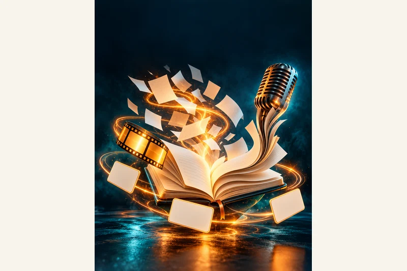 AI-generated illustration, not a documentary screenshot: a giant open notebook in a dark studio, its pages curling into a microphone while documents spiral into it and blank quiz cards orbit around it. A metaphor for Gemini Notebook turning uploaded sources into audio, video and study material. No real person, product interface or event is depicted.
