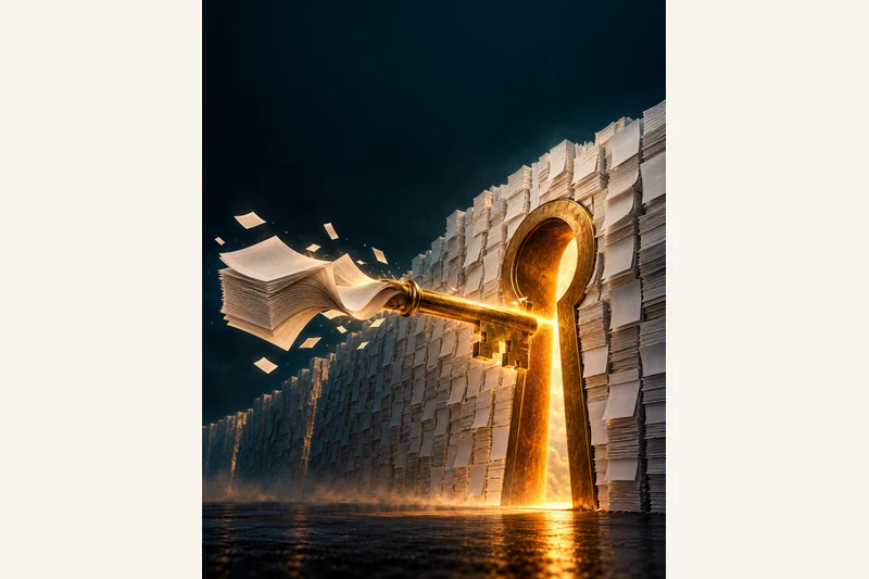 AI-generated illustration, not a documentary image: a colossal brass keyhole set into a towering wall of stacked CV pages, with one sheet folding itself into an oversized glowing key that slides into the hole. A visual metaphor for fitting a single application to a single job. No real person, real document or product interface is depicted.